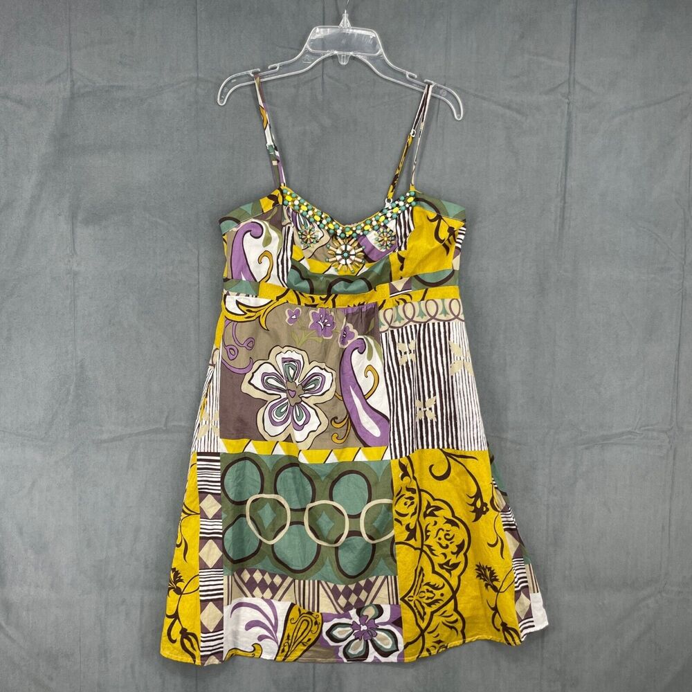 CAbi Dress Womens 8 Boho Floral Beaded Neckline Mini Length 100% Cotton Girly